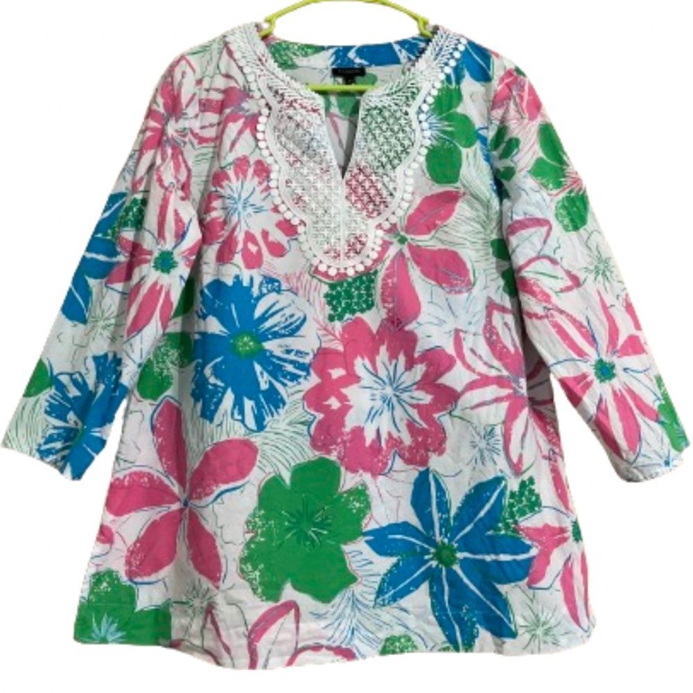Talbots Women’s Pink Multi Tropical Floral Print 3/4 Sleeve Summer Top Sz-M